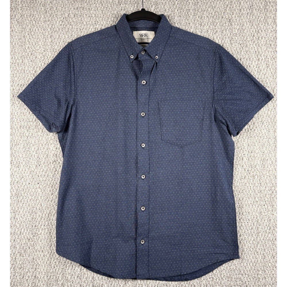 WRK Reworked Shirt S/S Blue W/ Green Polka Dot Button Down Cotton Casual Mens S